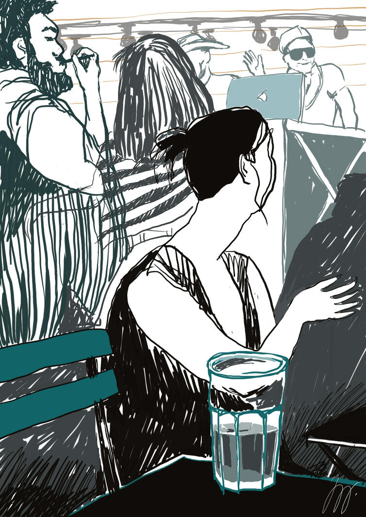 Párty v Huse na provázku, akryl na plátně, 90x12 cm, 2024, 26 000,-kč